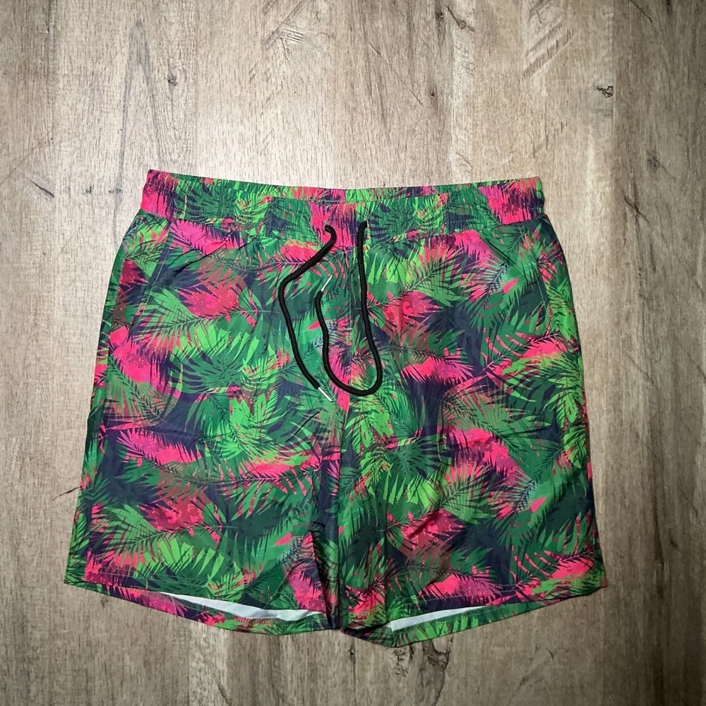 Centro Tropical Print Swim Trunks Mens Large Green Pink Palm Leaf Board Shorts